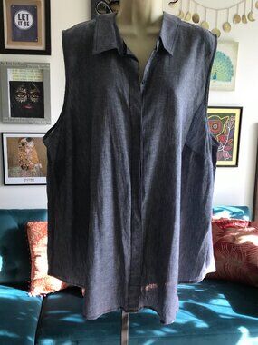 CJ BANKS size 2X Denim Blue Sleeveless Button Front Linen Blend Blouse Top